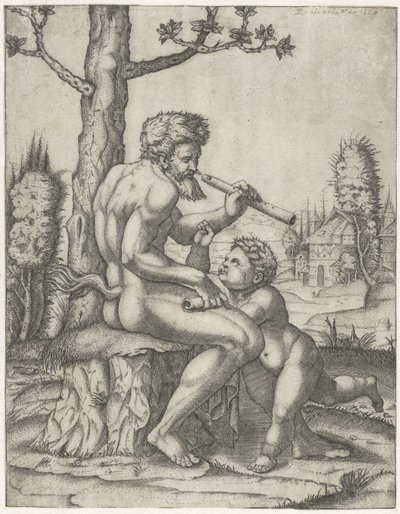Faun med fløjte spiller med barn af Marcantonio Raimondi