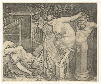 Fragment af Bacchanal med Satyr Woman og Herme og Sovende Bacchante af Marcantonio Raimondi