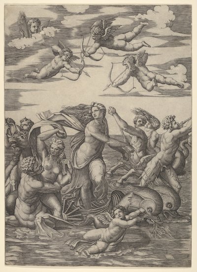 Galatea stående i en vandvogn trukket af to delfiner, omgivet af tritoner, nere..., 1515-16. af Marcantonio Raimondi