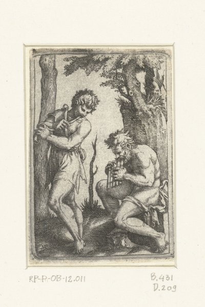 Ung hyrde med shawm og gammel hyrde med panfløjte af Marcantonio Raimondi