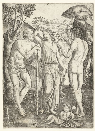 Ung kvinde med krans af blade stående mellem gammel mand lænet på pind og ung mand med drage og barn af Marcantonio Raimondi