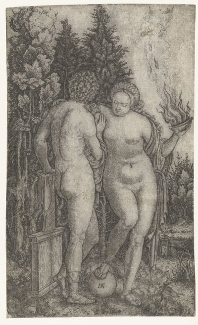 Ung mand beskyttet af kvinde med globus og offerskål som personificeringen af ​​Fortune (Fortuna) af Marcantonio Raimondi