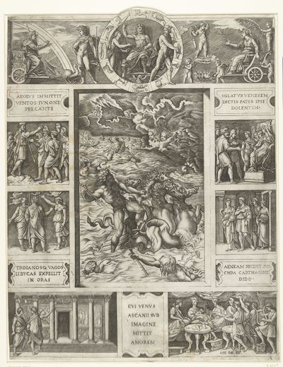 Jupiter dulmer stormen på havet i rektangulær ramme med ni scener fra episke Aeneid af Marcantonio Raimondi