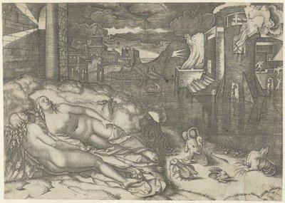Landskab med to nøgne sovende kvinder og fantasidyr på en bred nær vand med en brændende bygning Drøm om Raphael af Marcantonio Raimondi