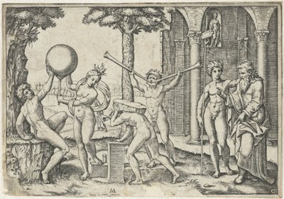 Mand med to trompeter og mand med sten på ryggen flankeret af mand og kvinde med globus og gammel og ung mand af Marcantonio Raimondi
