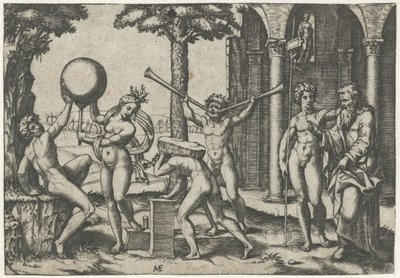 Mand med to trompeter og mand med sten på ryggen flankeret af mand og kvinde med globus og gammel og ung mand af Marcantonio Raimondi