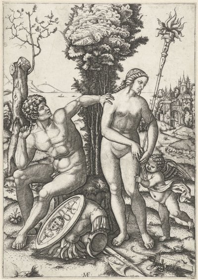 Mars og Venus som et kærligt par med Amor af Marcantonio Raimondi