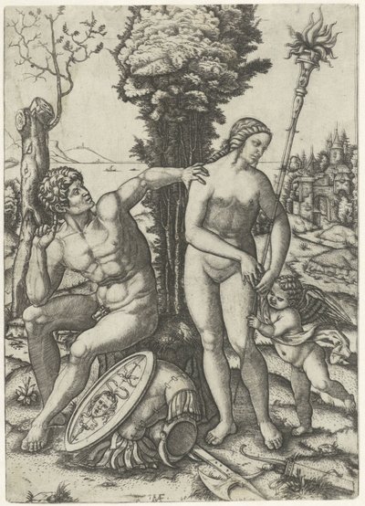 Mars og Venus som et kærligt par med Amor af Marcantonio Raimondi
