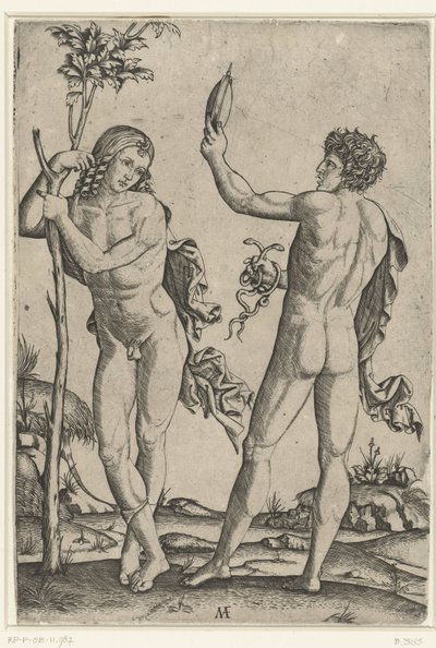 Nøgen mand lænet op ad træet og nøgen mand med spejl og to slanger af Marcantonio Raimondi