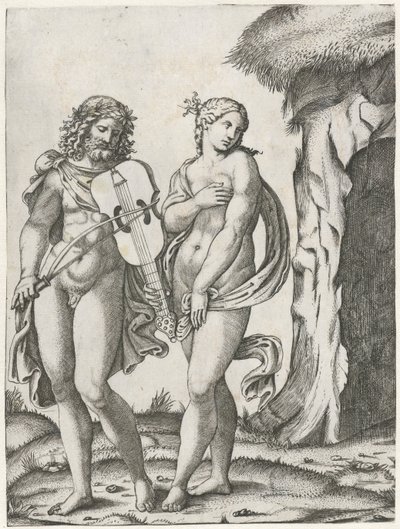 Orpheus spiller bratsch, før Eurydike går til underverdenen af Marcantonio Raimondi