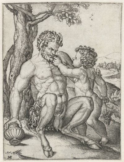 Pande med drikkekop og Bacchus som barn med drue af Marcantonio Raimondi