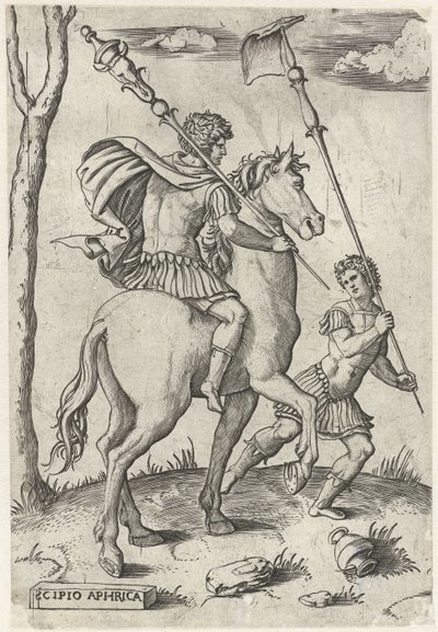 Romerske generaler Scipio Africanus Maior til hest og Scipio Africanus Minor Romerske helte til hest (serietitel) af Marcantonio Raimondi