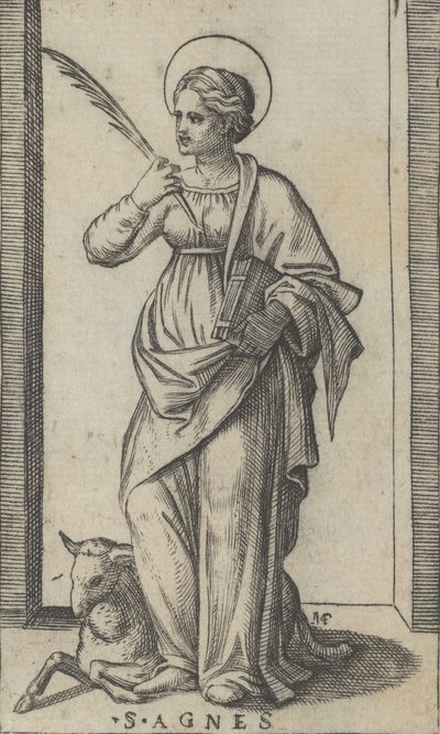 Sankt Agnes står og holder en håndflade i højre hånd, et får nederst til venstre, fra..., ca. 1500-1527. af Marcantonio Raimondi