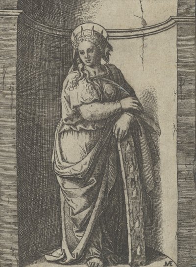 Saint Catherine stående i en niche, hvilende på et hjul, hendes torturinstrument..., ca. 1500-1527. af Marcantonio Raimondi