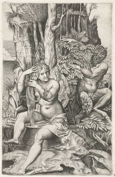 Satyr udspionerer en nymfe på hendes toilet Pan og Syrinx af Marcantonio Raimondi