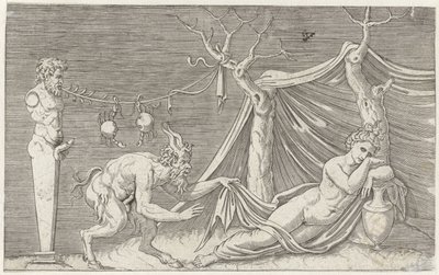 Satyr forfølger en sovende nymfe Mytologiske fremstillinger efter antikke basrelieffer (serietitel) af Marcantonio Raimondi