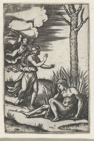 Sovende mand og nymfe jaget af Amor af Marcantonio Raimondi