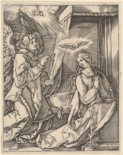 Bebudelsen, til venstre nærmer ærkeenglen Gabriel sig den bedende jomfru..., ca. 1500-1534. af Marcantonio Raimondi