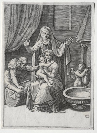 Jomfruen og vuggen med Sankt Elisabeth og Sankt Anne af Marcantonio Raimondi