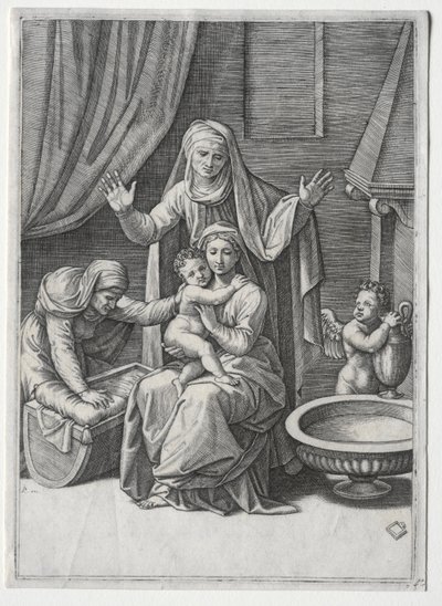Jomfruen og vuggen med den hellige Elisabeth og den hellige Anne, 1520. af Marcantonio Raimondi