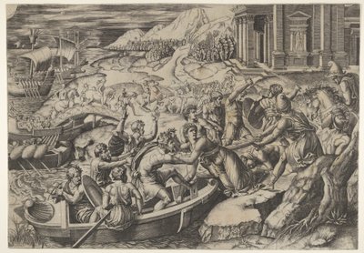 Bortførelsen af Helen, kampscene på en kyst med to mænd, der trækker Helen ind i en b..., ca. 1520-27. af Marcantonio Raimondi