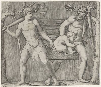 To fauner bærer et barn i en kurv af Marcantonio Raimondi