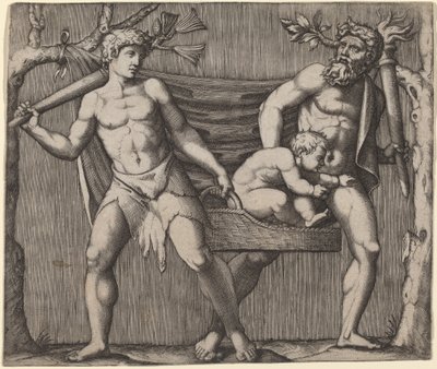 To fauner, der bærer et barn af Marcantonio Raimondi
