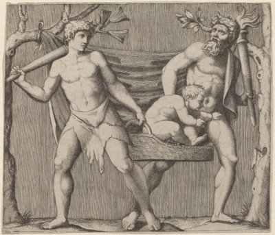To fauner, der bærer et barn af Marcantonio Raimondi