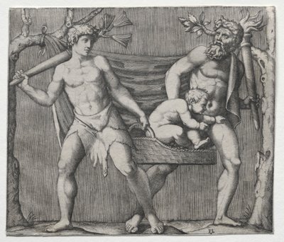 To fauner, der bærer et barn i en kurv af Marcantonio Raimondi