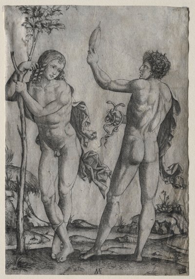 To nøgne mænd ved siden af et træ. af Marcantonio Raimondi