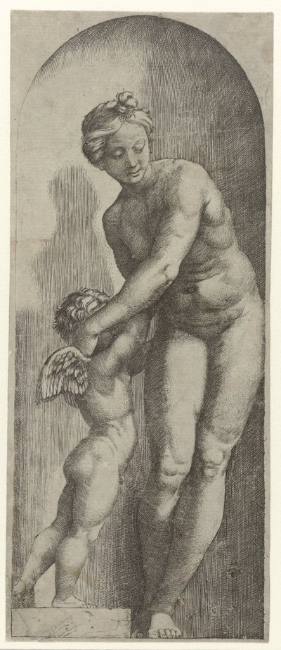 Venus og Amor står i niche af Marcantonio Raimondi