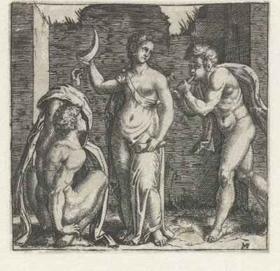 Kvinde med halvmåne flankeret af faun, der blæser i horn og mand, der sidder på hug af Marcantonio Raimondi
