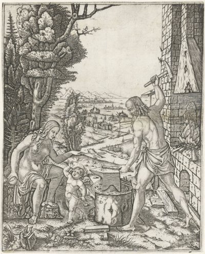 Vulcan smeder pile og vinger til Amor i nærvær af Venus af Marcantonio Raimondi