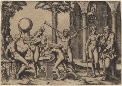 Manden med to trompeter af Marcantonio Raimondi after Baccio Bandinelli