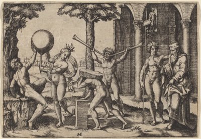 Manden med to trompeter af Marcantonio Raimondi after Baccio Bandinelli