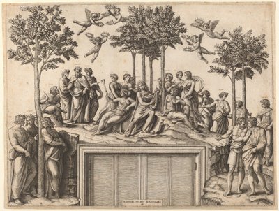 Apollon på Parnassus af Marcantonio Raimondi after Raphael