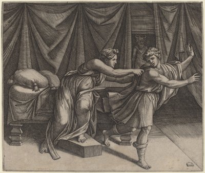 Josef og Potifars hustru af Marcantonio Raimondi after Raphael