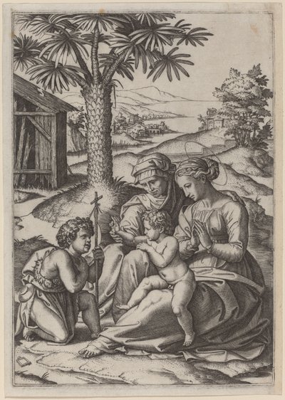 Madonna under et palmetræ af Marcantonio Raimondi after Raphael