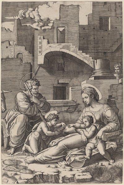 Den hellige familie med den unge Sankt Johannes Døberen (Madonnaen af det lange lår) af Marcantonio Raimondi after Raphael