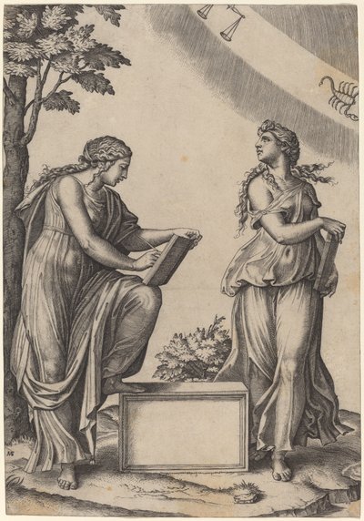To kvinder med stjernetegn af Marcantonio Raimondi after Raphael