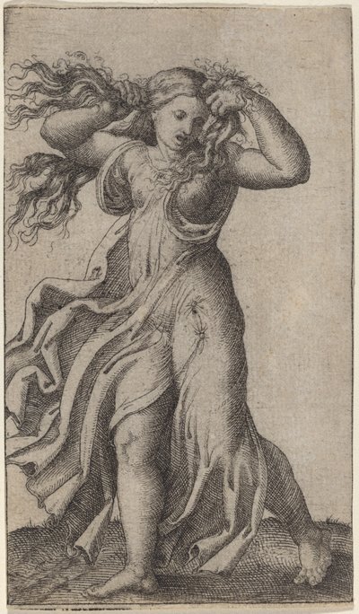 Kvinde, der trækker sit hår af Marcantonio Raimondi possibly after Francesco Francia