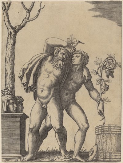 En ung og en gammel Bacchant af Marcantonio Raimondi possibly after Raphael possibly after Giulio Romano
