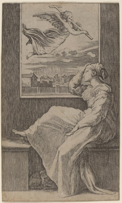 Eftertænksom kvinde af Marcantonio Raimondi possibly after Raphael
