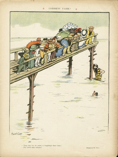 Illustration af Marcel Capy (1865-1941) i Le Lire, 24/08/12 - Hvordan gør man det? - Fritid, Arkitektur Byplanlægning, Marine Marine Seaside, Svømning Svømning Svømning, Crowd af Marcel Amable O.L. Capy