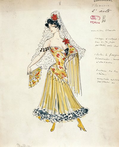 Frankrig, Paris, Skitse af kostume til flamencodansere for Carmen af Georges Bizet af Marcel Multzer