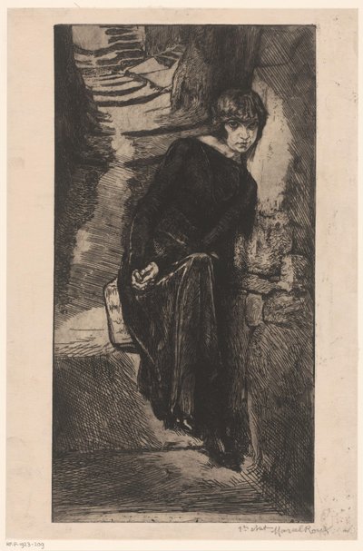 Kvinde klædt i sort, lænet op ad væggen Misère de misère (titel på objekt) Girl of pleasure (serietitel) Fille de Joie (serietitel på objekt) af Marcel Roux (signed by artist)