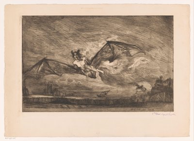 Nattelandskab med flagermus-lignende væsner Bête du soir (titel på objekt) af Marcel Roux (signed by artist)