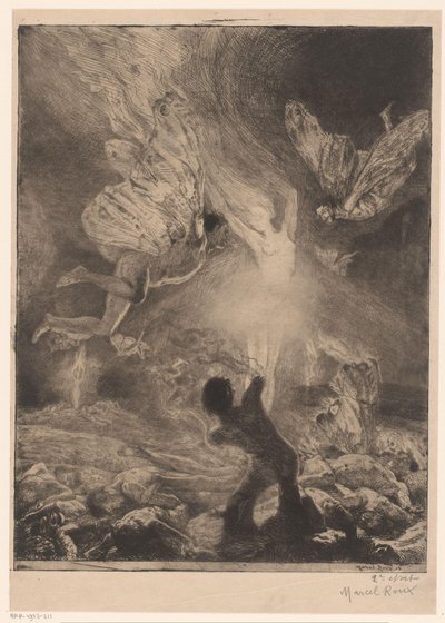 Flamme i form af en kvinde, omgivet af mænd med vinger, der brænder og styrter femme flamme Girl of pleasure (serietitel) Fille de Joie (serietitel på objekt) af Marcel Roux (signed by artist)