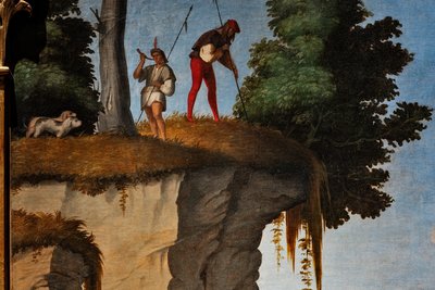 Jagtscene, detalje af tilbedelsen af de vise mænd af Marcello Fogolino