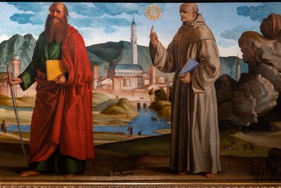 St. Francis modtager stigmata blandt St. Clare og Peter, den velsignede Bartolomeo af Breganze og St. Paul og Bernardino, detaljer af Marcello Fogolino